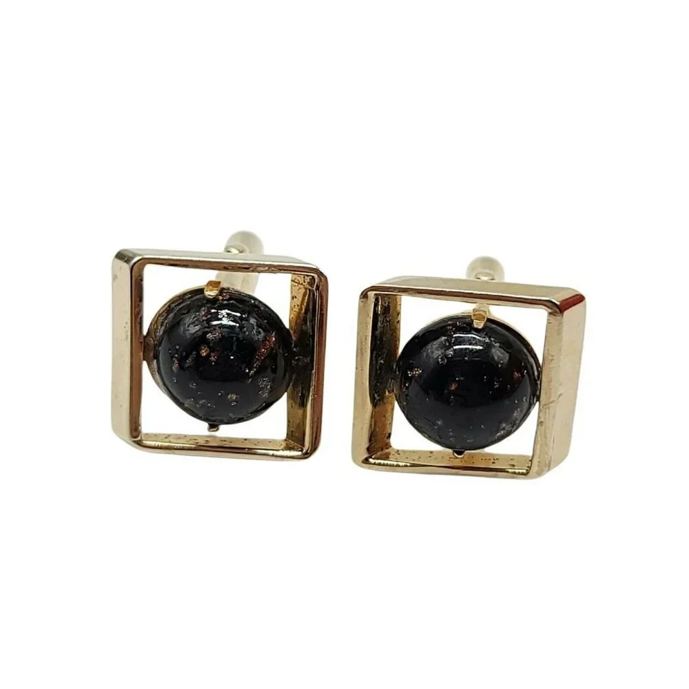 Swank Black Glass Gold Stone Geometric Planet Style Cufflinks Vintage